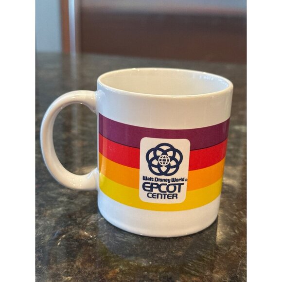1982 Disney EPCOT Center Mug Japan Rainbow Stripes Retro Logo Vintage Coffee Cup - Picture 1 of 15